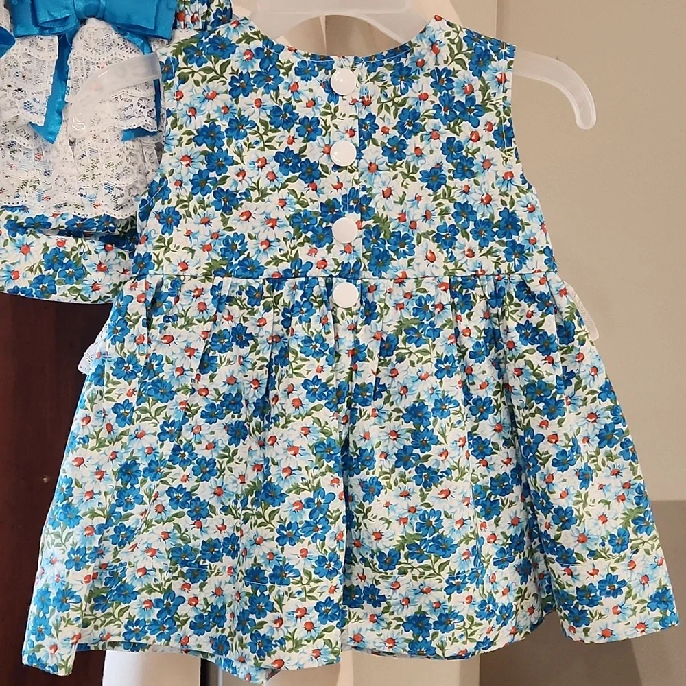 HANDMADE BABY GIRLS 3 PC BLUE, WHITE, ORANGE DRESS OUTFIT SET - Picture 5 of 9